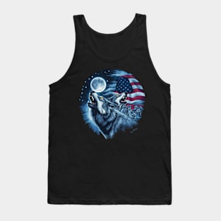 Wolves Under Moon Howling Wolf 4th of July American Flag Tank Top